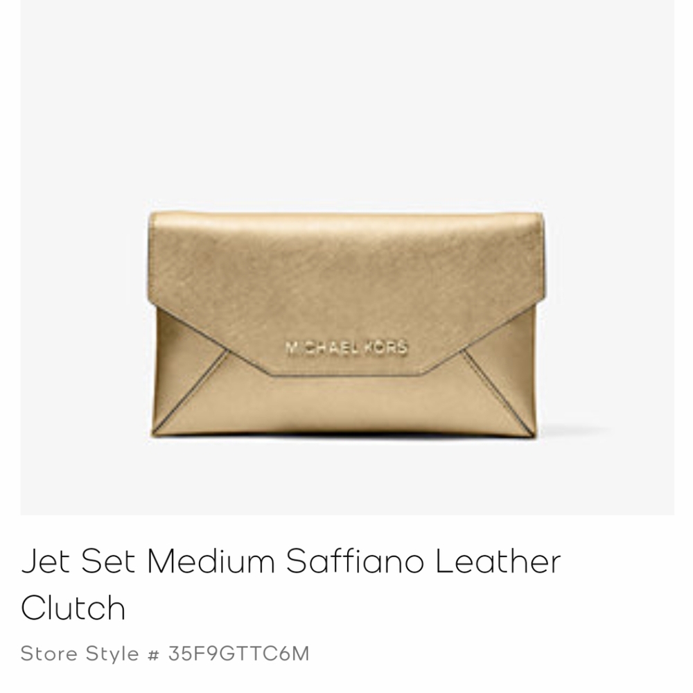 Michael Kors leather jet set medium envelope clutch. Pale gold. NWT
